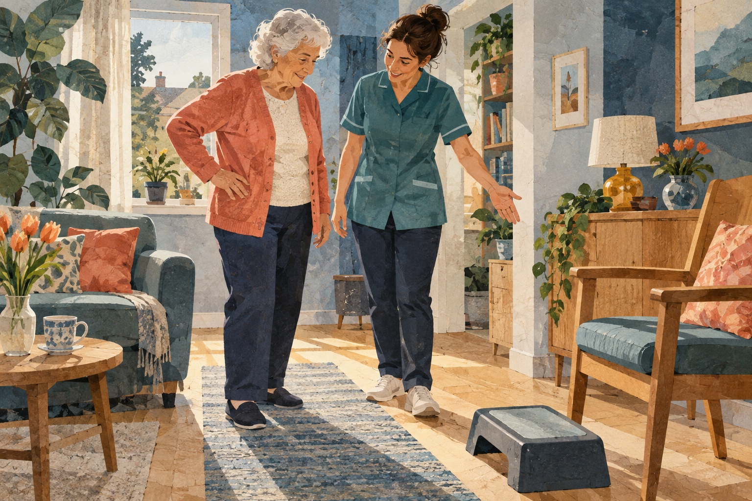Illustratie van een oudere vrouw die in een huis met een zorgverlener haar evenwicht bespreekt.