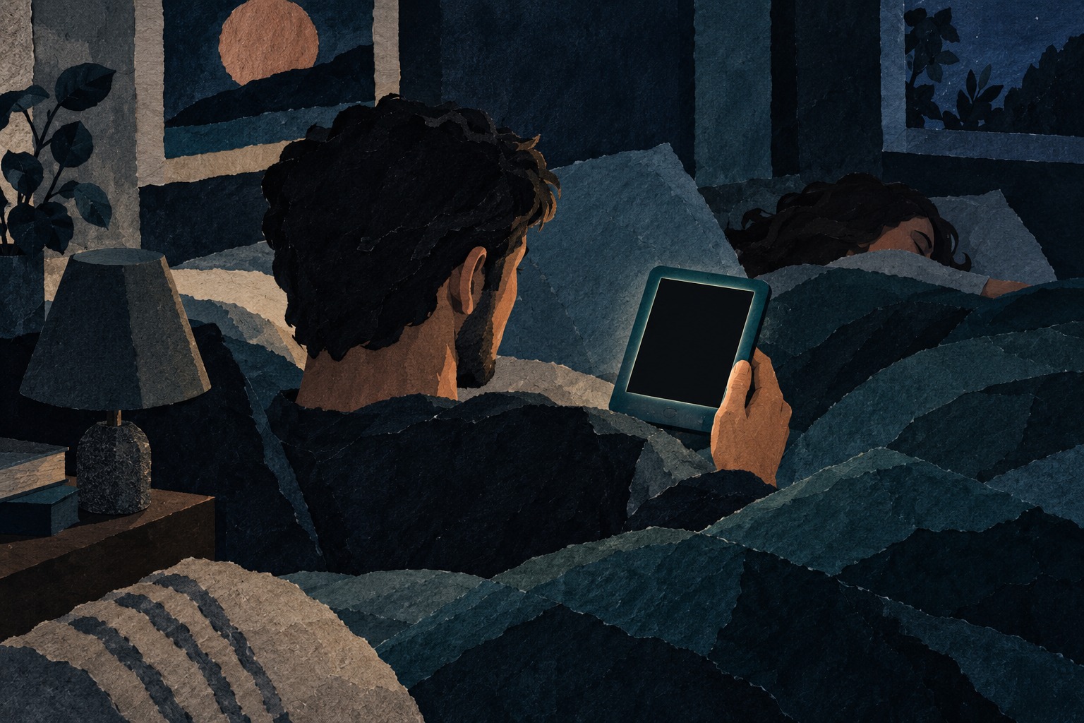 Conceptuele AI-papiercollage van iemand die in bed een e-reader met een donkere pagina en een lichte schermrand bekijkt.