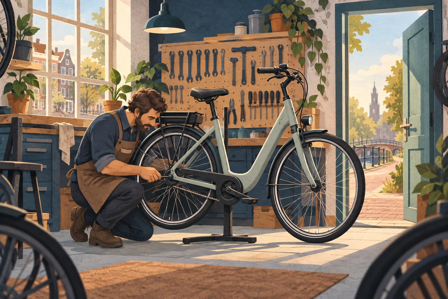Conceptuele AI-illustratie van een fietsenmaker die een merkloze elektrische stadsfiets controleert in een werkplaats.