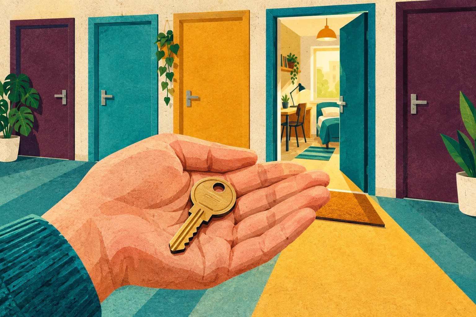 Conceptuele AI-illustratie van een sleutel in een hand voor een rij studentenhuisdeuren, waarvan één openstaat.