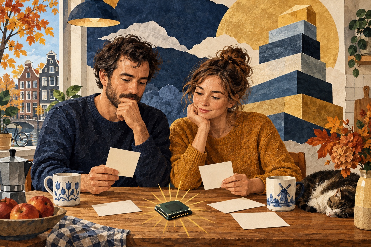 AI-illustratie: twee beleggers bekijken aan een keukentafel een abstracte stapel aandelenkaarten en een chip, zonder logo’s of cijfers.