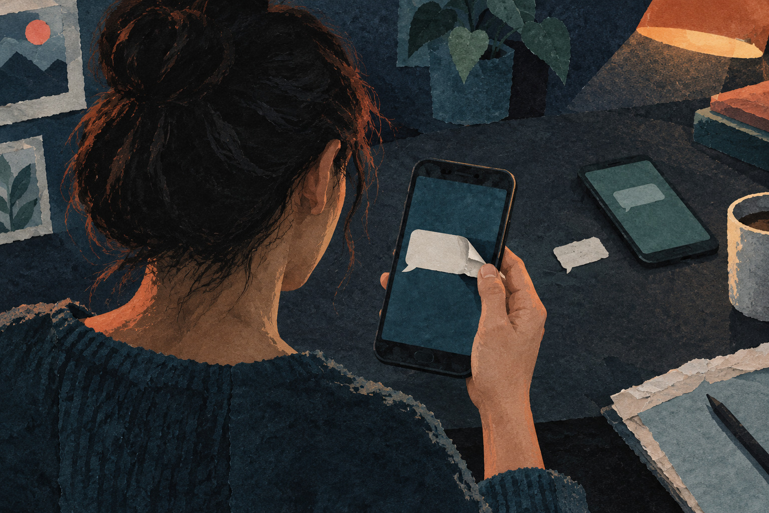 Conceptuele AI-illustratie in geschilderde papiercollage: iemand houdt een telefoon vast met een lege chatballon die als papier loskomt; op tafel liggen een tweede toestel en een papiersnipper.