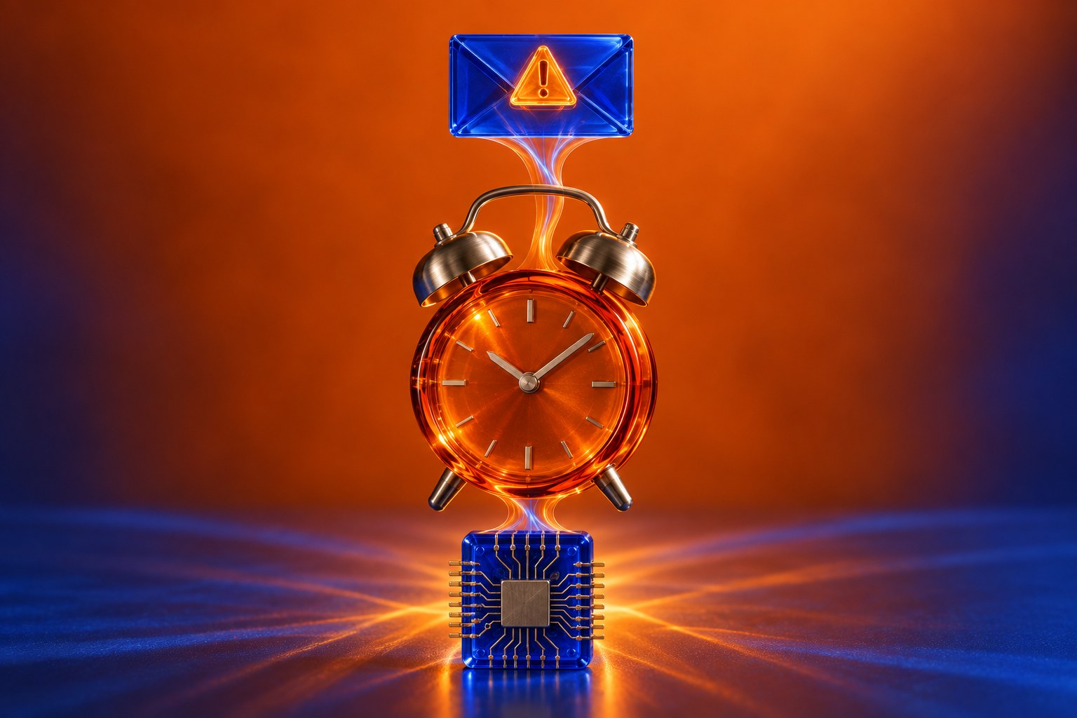 AI-illustratie van een computerchip, wekker en melding, als beeld voor de Europese cybermeldplicht.