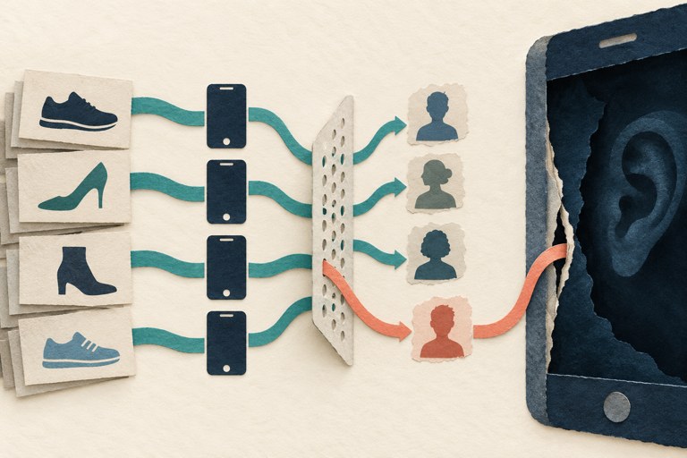 Papiercollage met advertenties, gebruikersprofielen en één afgezonderde route die een telefoon binnengaat.