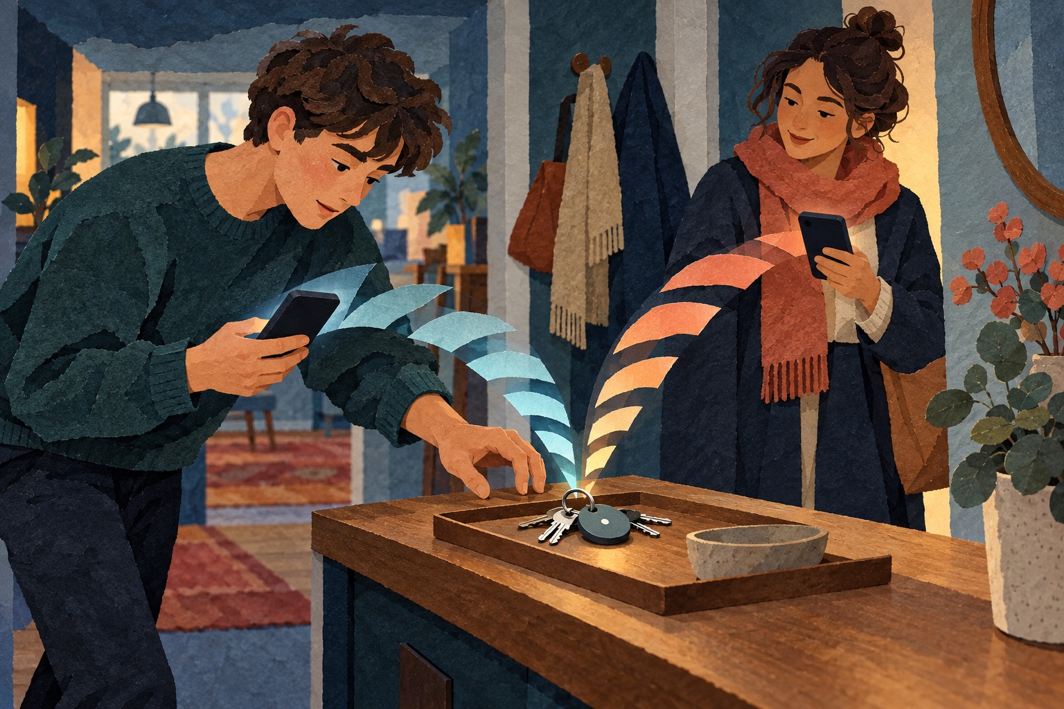Conceptuele geschilderde papiercollage van twee huisgenoten die met hun telefoons een sleutelbos met zoekertje terugvinden.