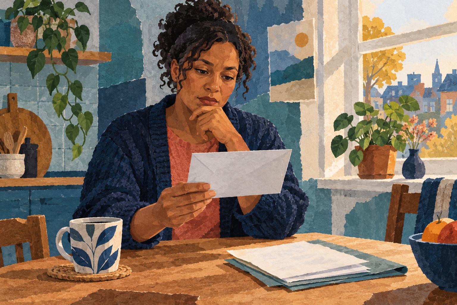 Conceptuele illustratie van een vrouw die thuis een blanco envelop bekijkt; geen echte UWV-cliënt of bewijs van ongelijke behandeling.