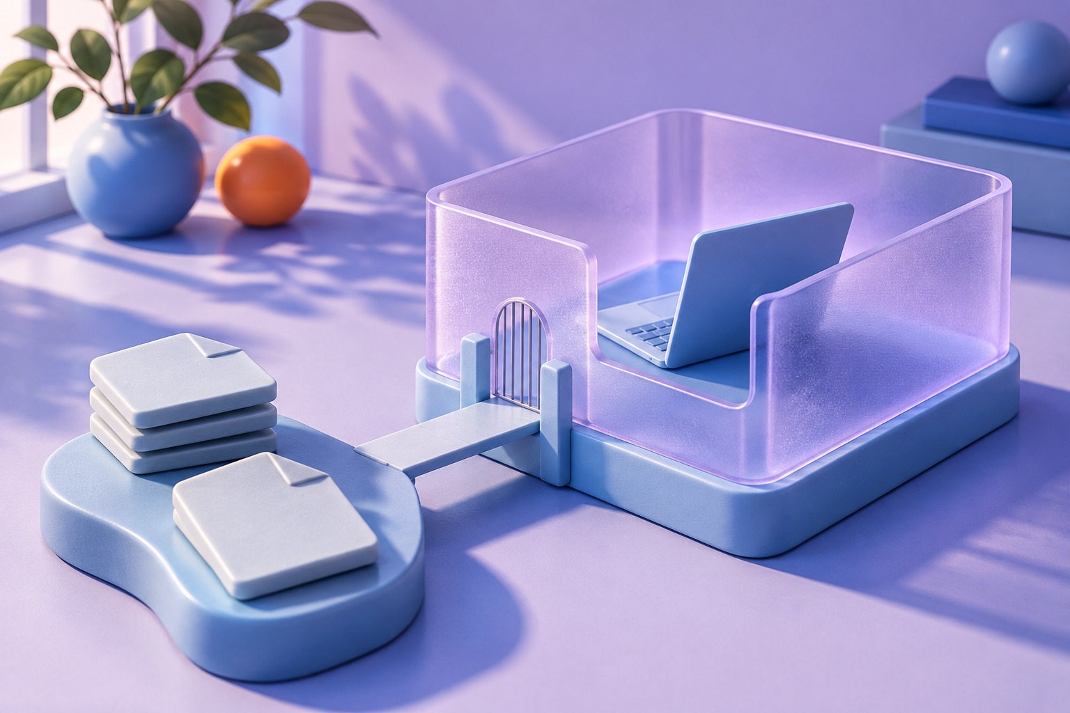 AI-illustratie van een laptop in een glazen werkruimte met een toegangspoort.