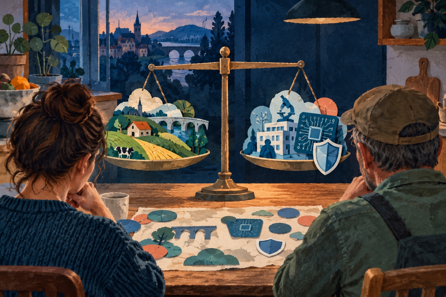 Conceptuele illustratie van een student en een boer die naar een weegschaal met landbouw, regionale voorzieningen, onderzoek en veiligheid kijken; er is nog geen begrotingsbesluit.