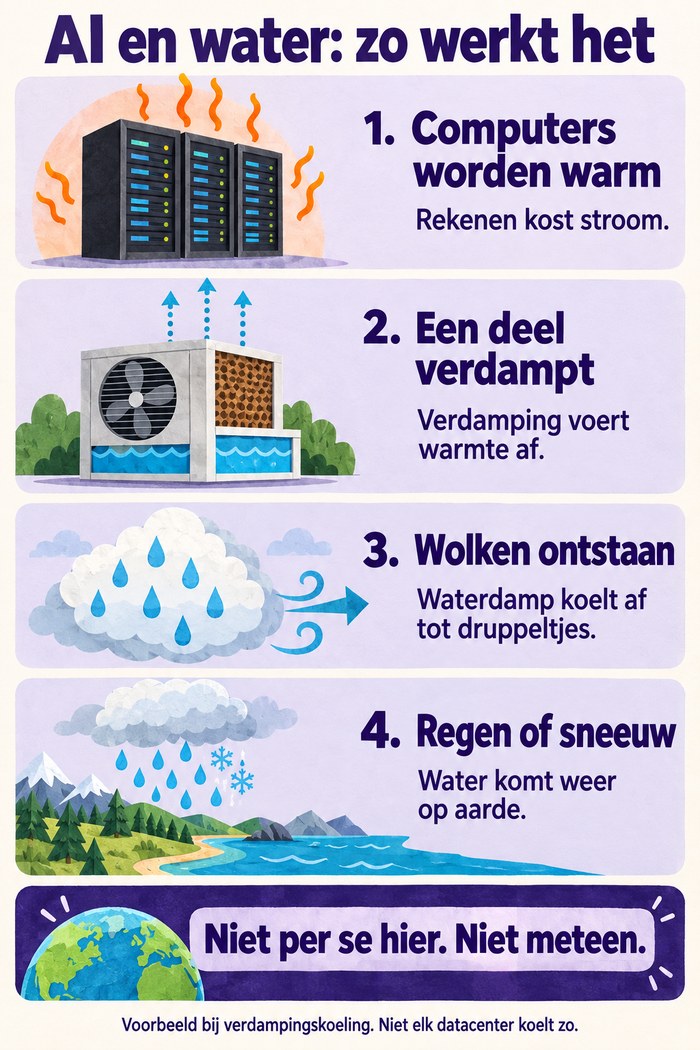 Vier stappen: computers worden warm, koelwater verdampt, waterdamp vormt wolken en water valt als regen of sneeuw. Niet per se hier en niet meteen.