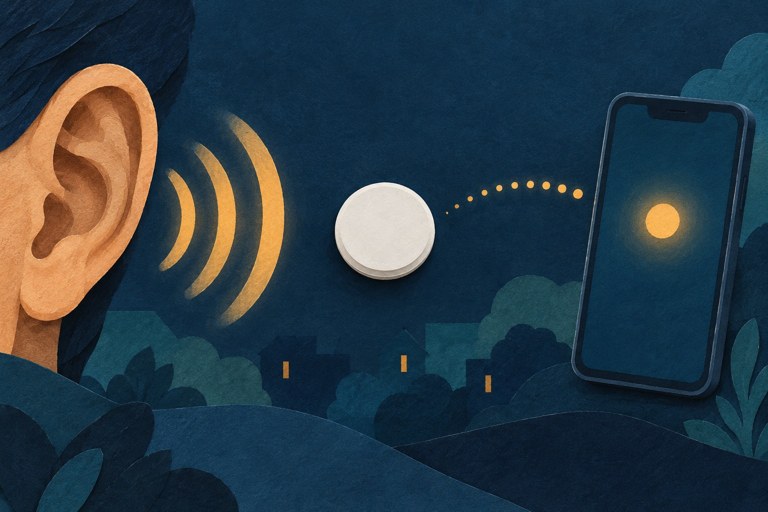 Conceptuele collage met een tracker, geluidsgolven naar een oor en een afzonderlijke verbinding naar een telefoon.
