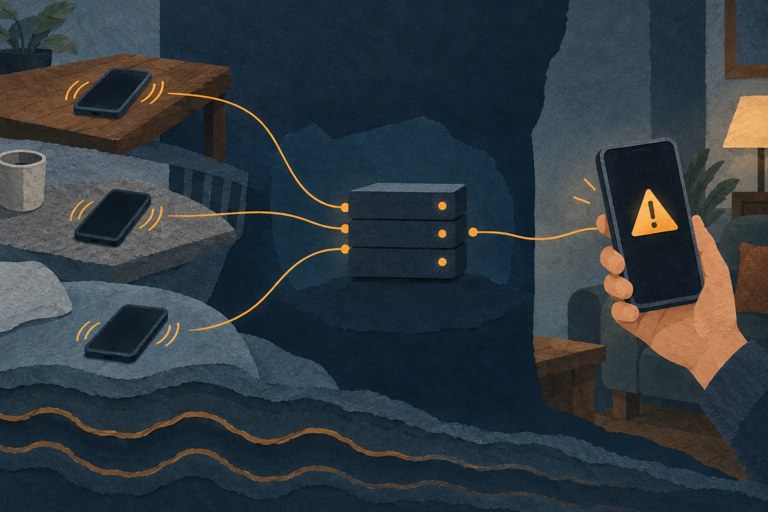Drie trillende telefoons sturen signalen naar een centrale server, die een andere telefoon waarschuwt.