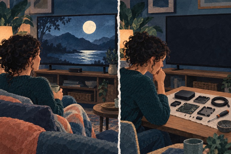 Twee geschilderde scènes met dezelfde kijker: links speelt een film, rechts ligt een generiek streamingkastje met losse onderdelen op tafel.