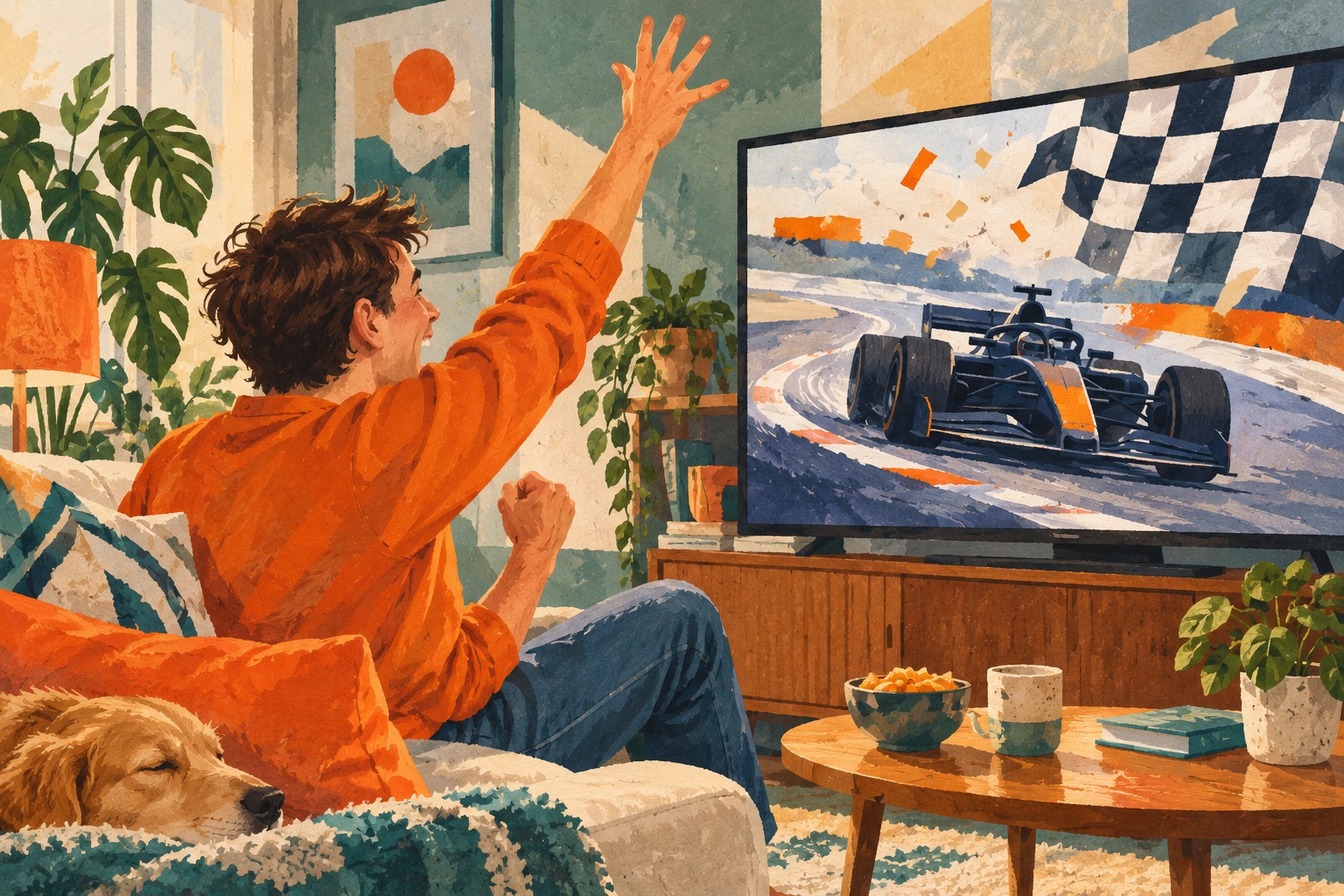 Conceptuele AI-illustratie van een racefan die thuis juicht bij een televisie met een gestileerde raceauto en geblokte vlag.