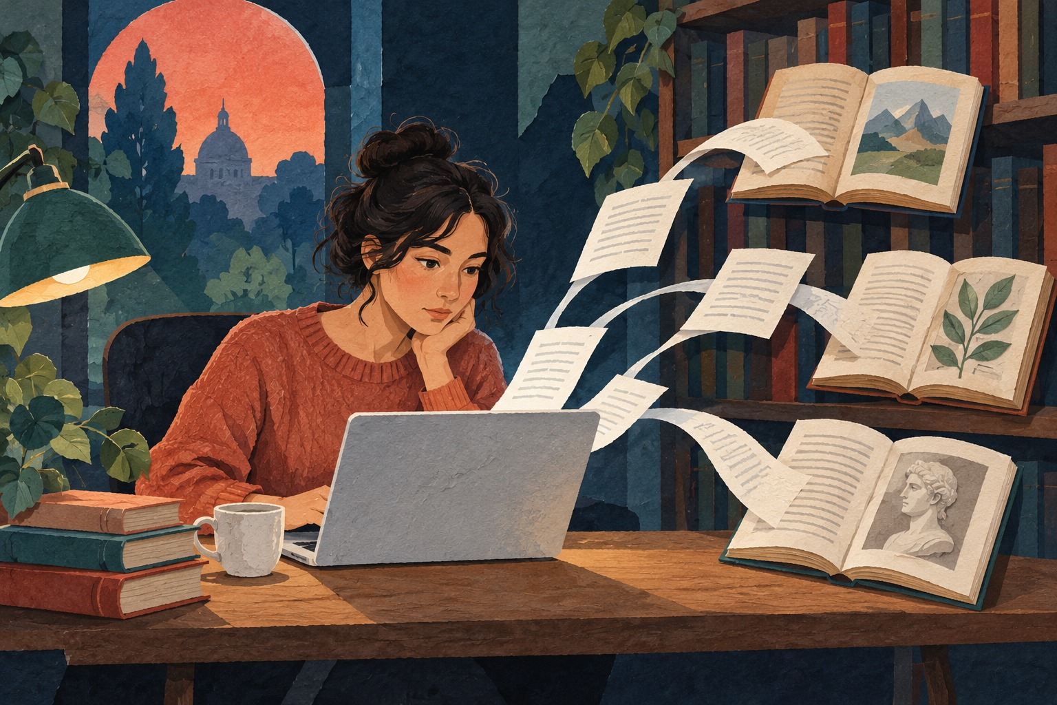 Illustratie van een jonge lezer bij een laptop en open boeken, met papieren die naar bronnen verwijzen.