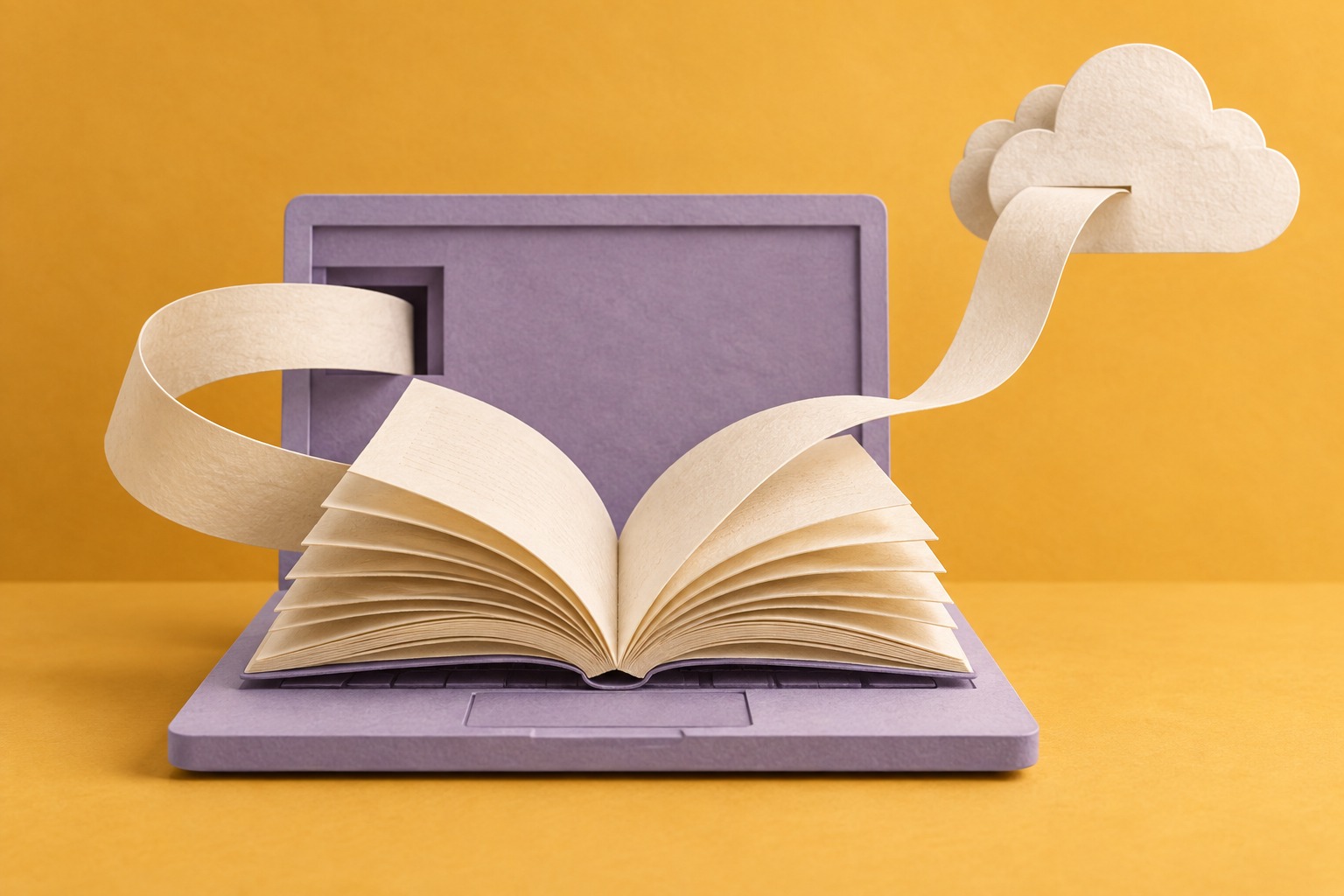 AI-illustratie: papieren bladzijden lopen vanuit een boek terug naar een laptop en omhoog naar een wolk.