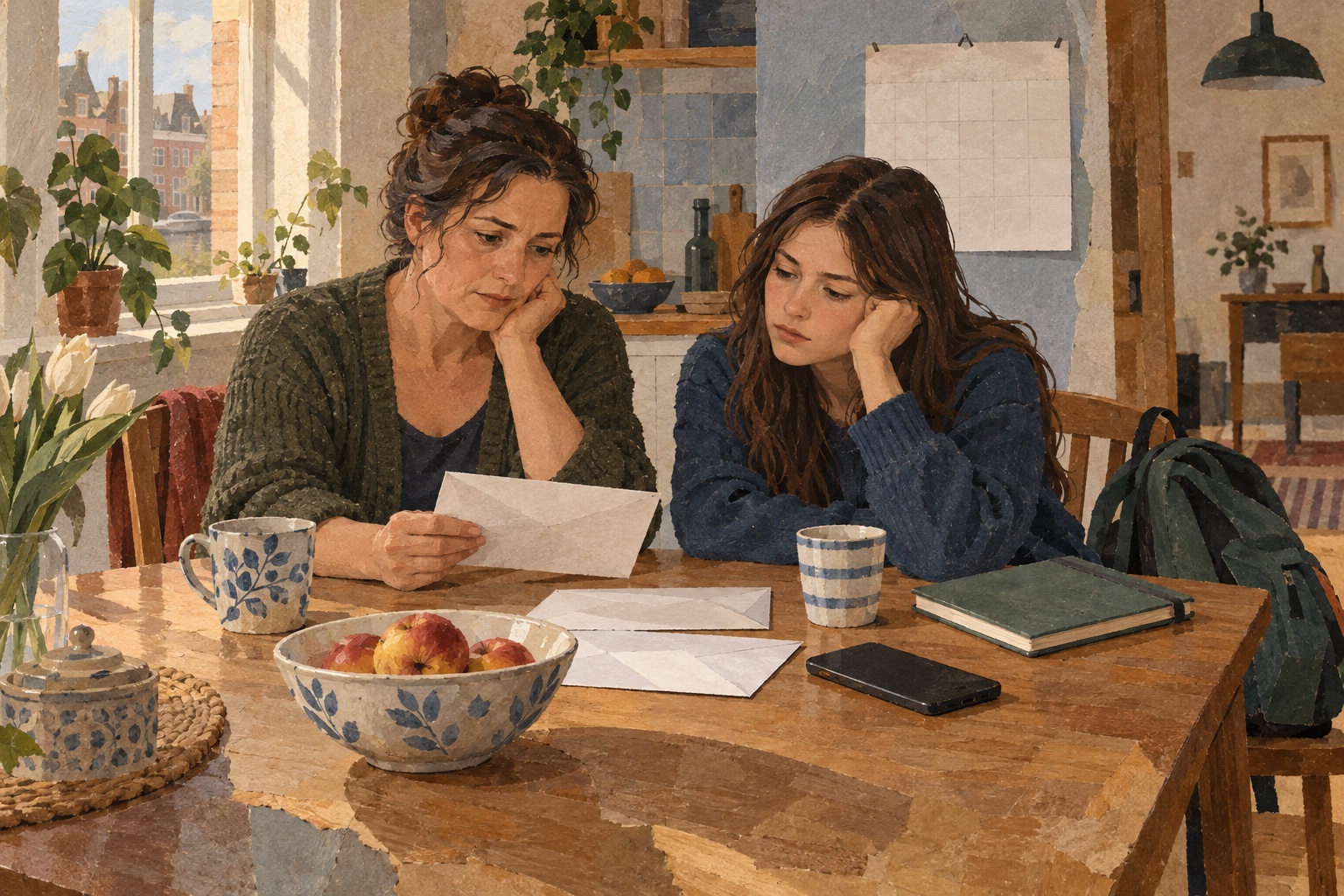 Conceptuele illustratie van een ouder en jongvolwassen dochter aan de keukentafel met gesloten enveloppen en studiemateriaal.