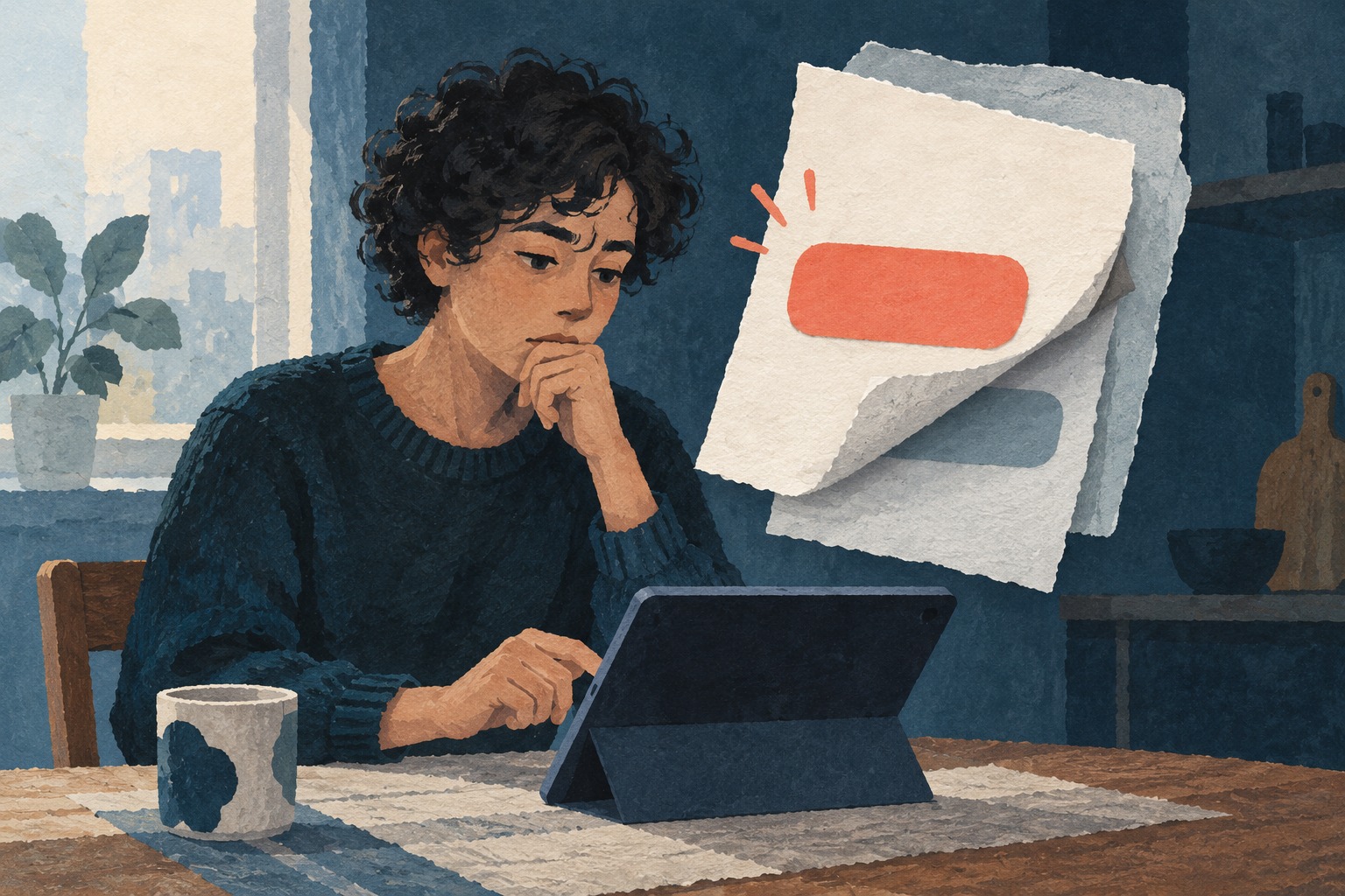 Conceptuele AI-illustratie van een tabletgebruiker bij een paneel met een opvallende en een verborgen keuze.