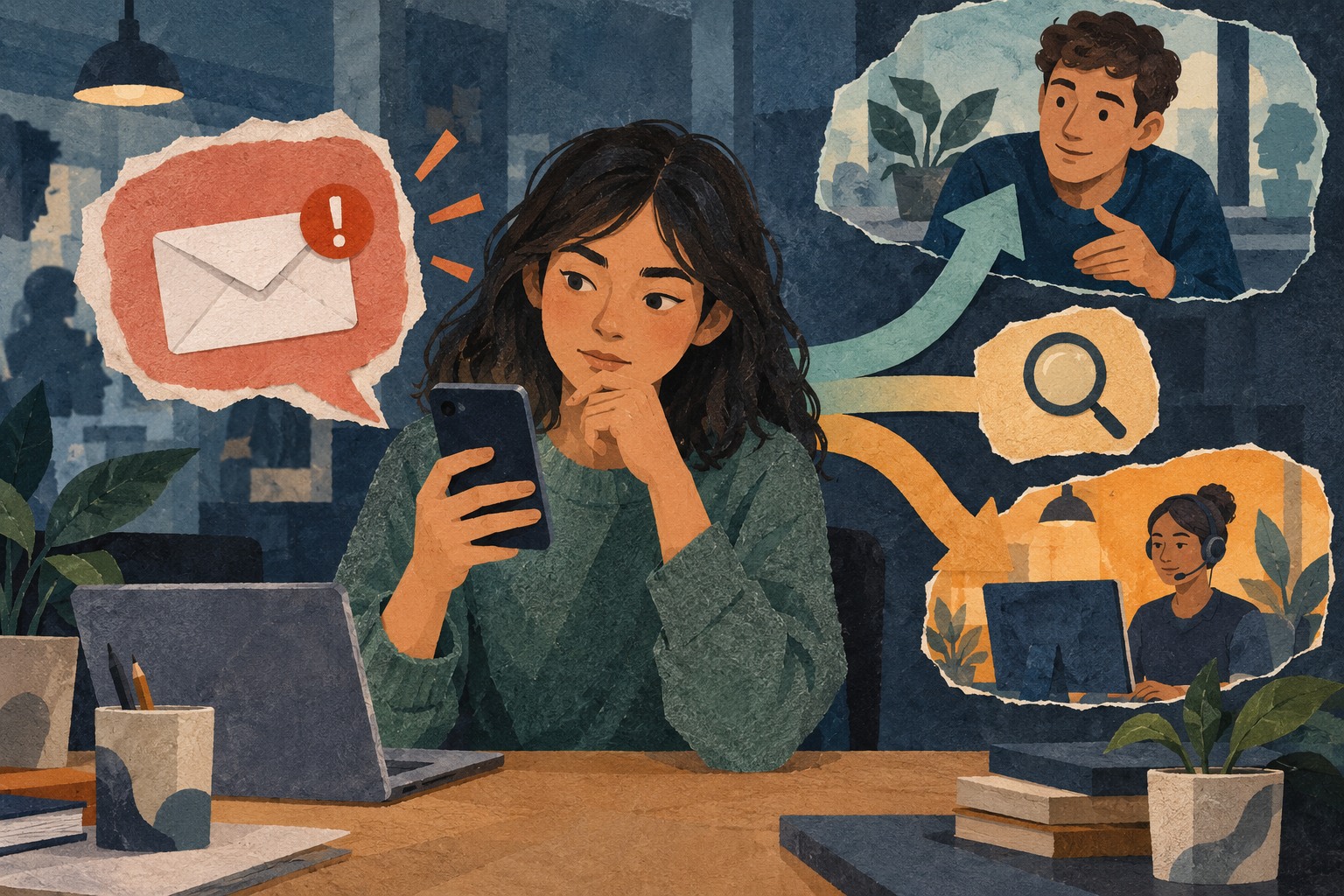 Conceptuele illustratie van een jonge werknemer die een verdacht bericht op een telefoon controleert met hulp van collega en helpdesk.