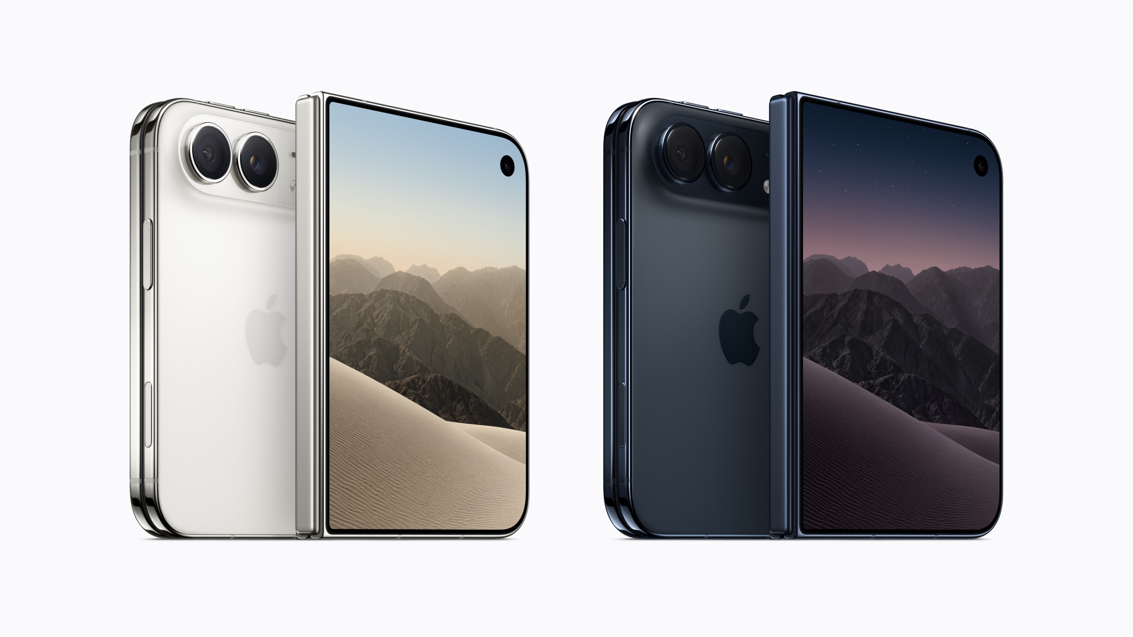 Officieel Apple-productbeeld van de iPhone Duo in Sterrenwit en Nachthemel, van voren en achteren met het toestel dichtgevouwen.