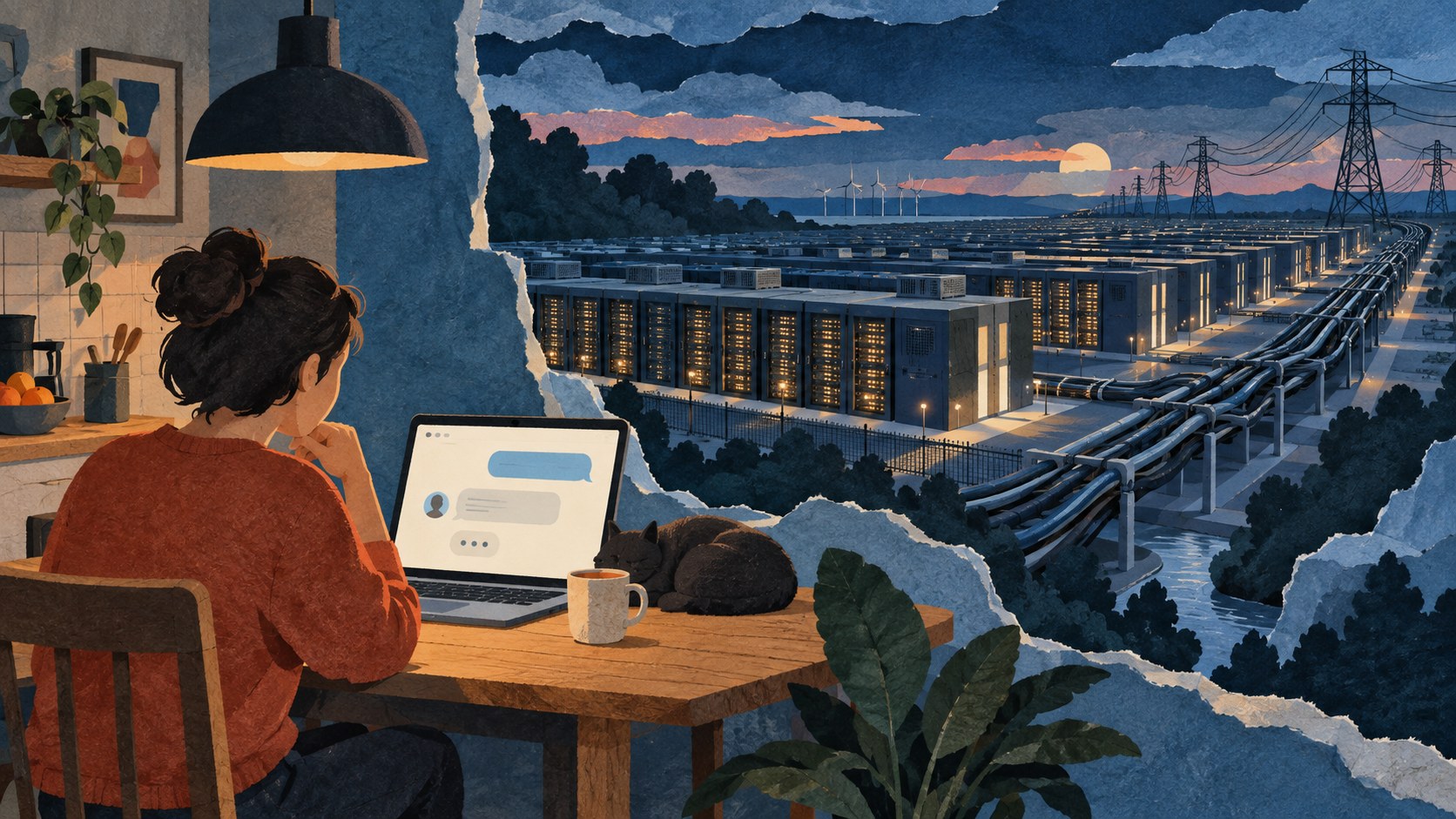 Geschilderde papiercollage: iemand gebruikt een chatbot op een laptop, terwijl achter een papieren uitsnede een groot datacentrum zichtbaar is.