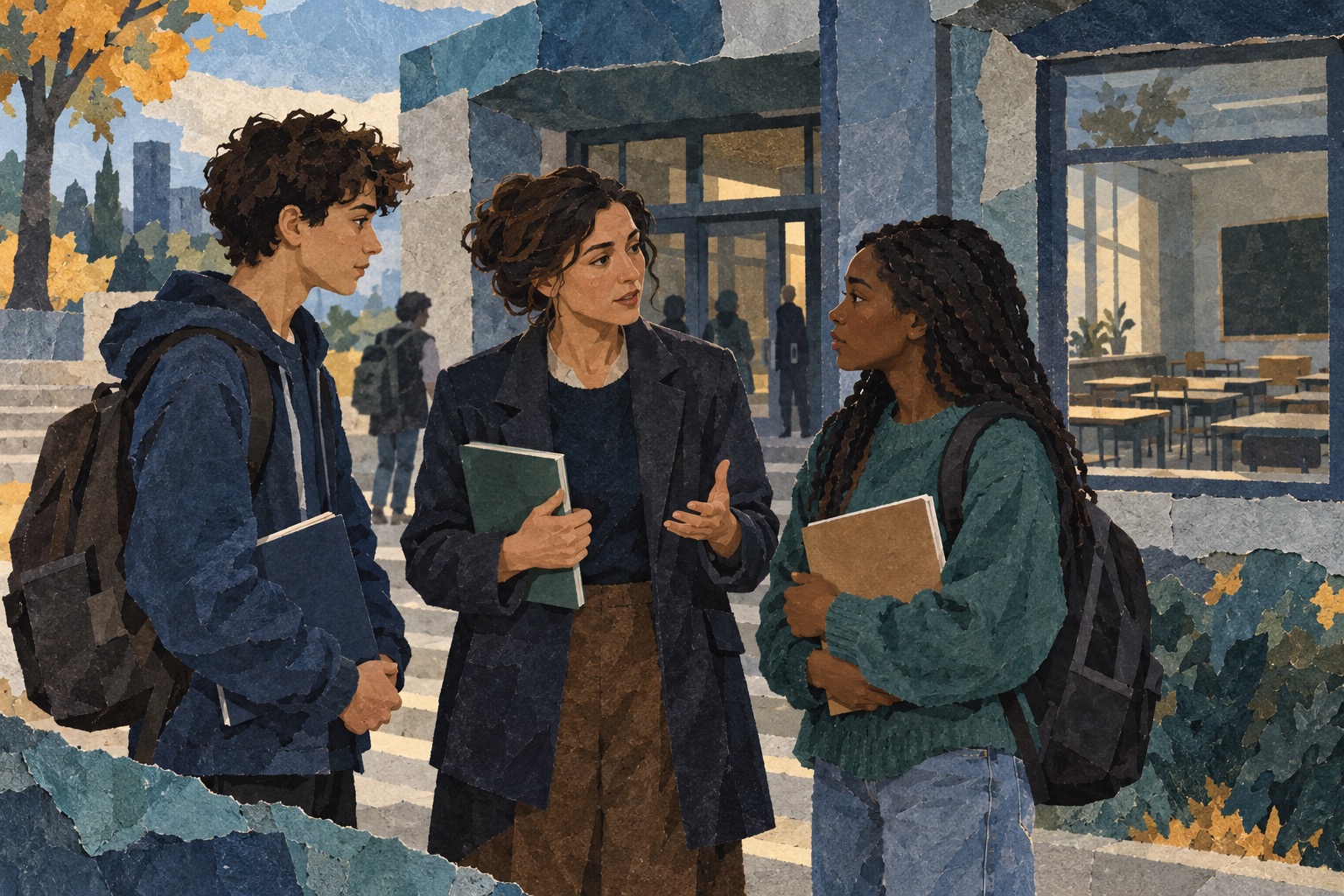 Conceptuele AI-illustratie van scholieren en een docent bij een school; geen beeld van de werkelijke Franse demonstraties.