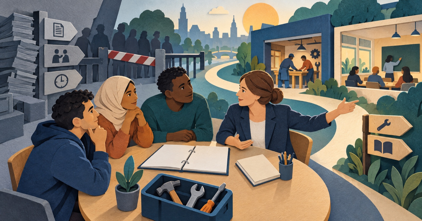 Conceptuele AI-illustratie: nieuwkomers bespreken bij een tafel hun vaardigheden; op de achtergrond loopt een pad naar een werkplaats en een klaslokaal.