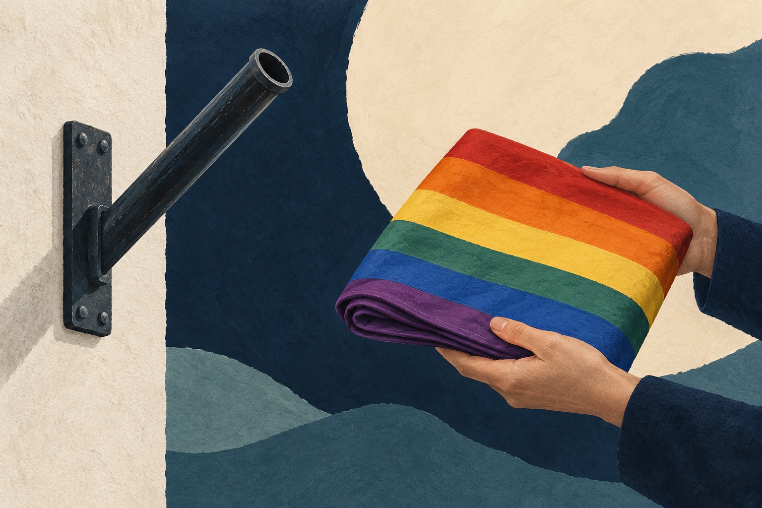 AI-illustratie van een lege vlaggenhouder naast handen met een opgevouwen regenboogvlag.