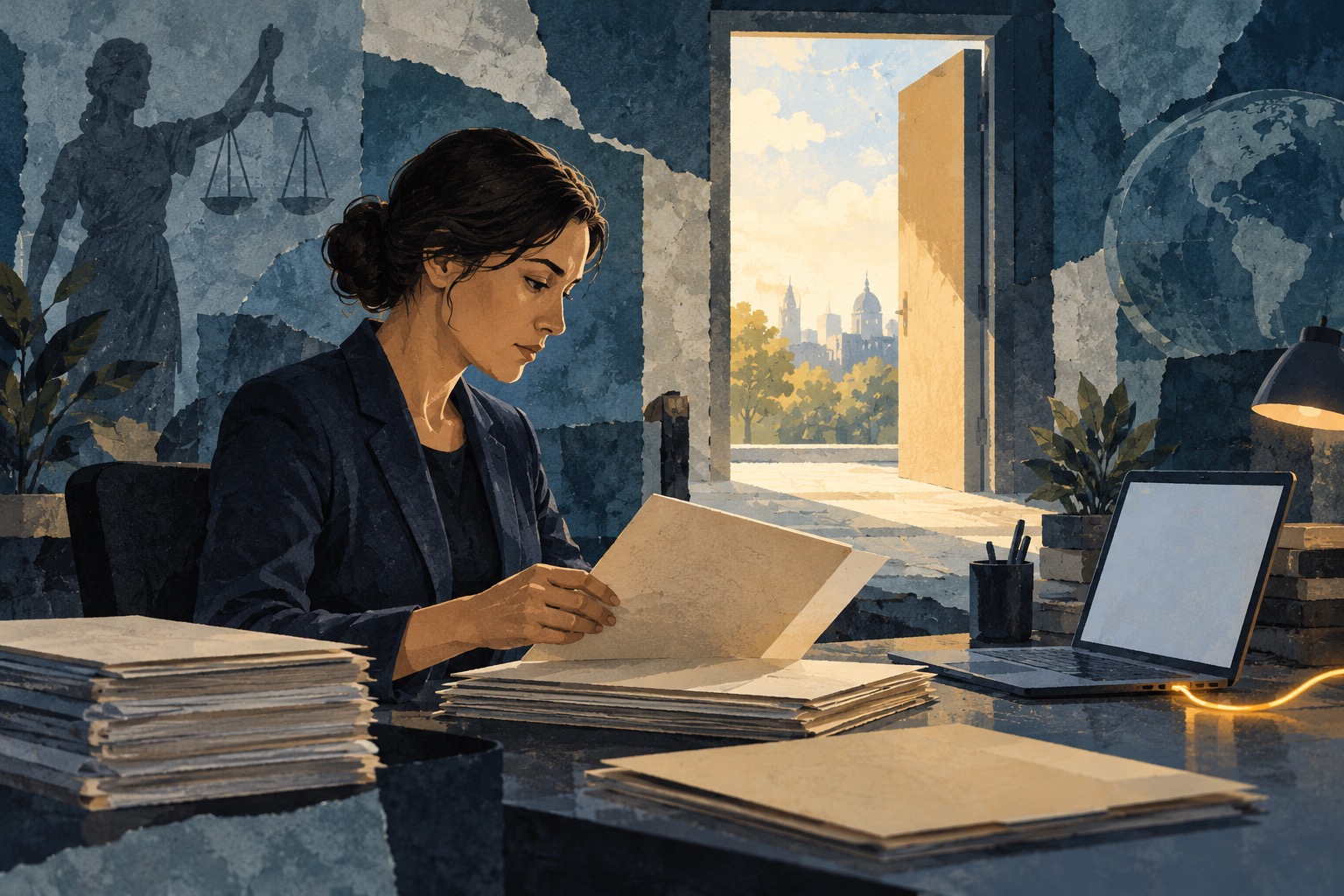 AI-illustratie: een medewerker werkt met dossiers in een denkbeeldig gerechtsgebouw, naast een open verbinding tussen documenten en digitale diensten.