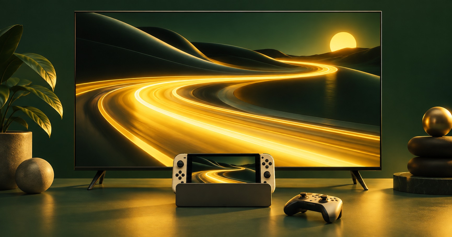 AI-illustratie van een televisie, een console in een houder en een controller, met een vloeiende lichtbaan als symbool voor gesynchroniseerde beeldweergave.