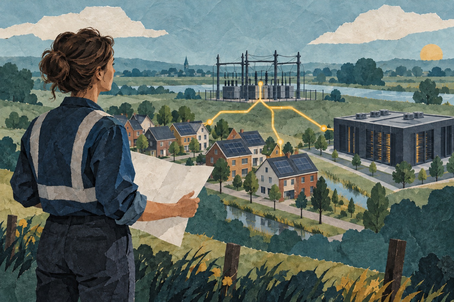 Conceptuele AI-illustratie van een netbeheerder die uitkijkt over woningen, een datacenter en een elektriciteitsstation.