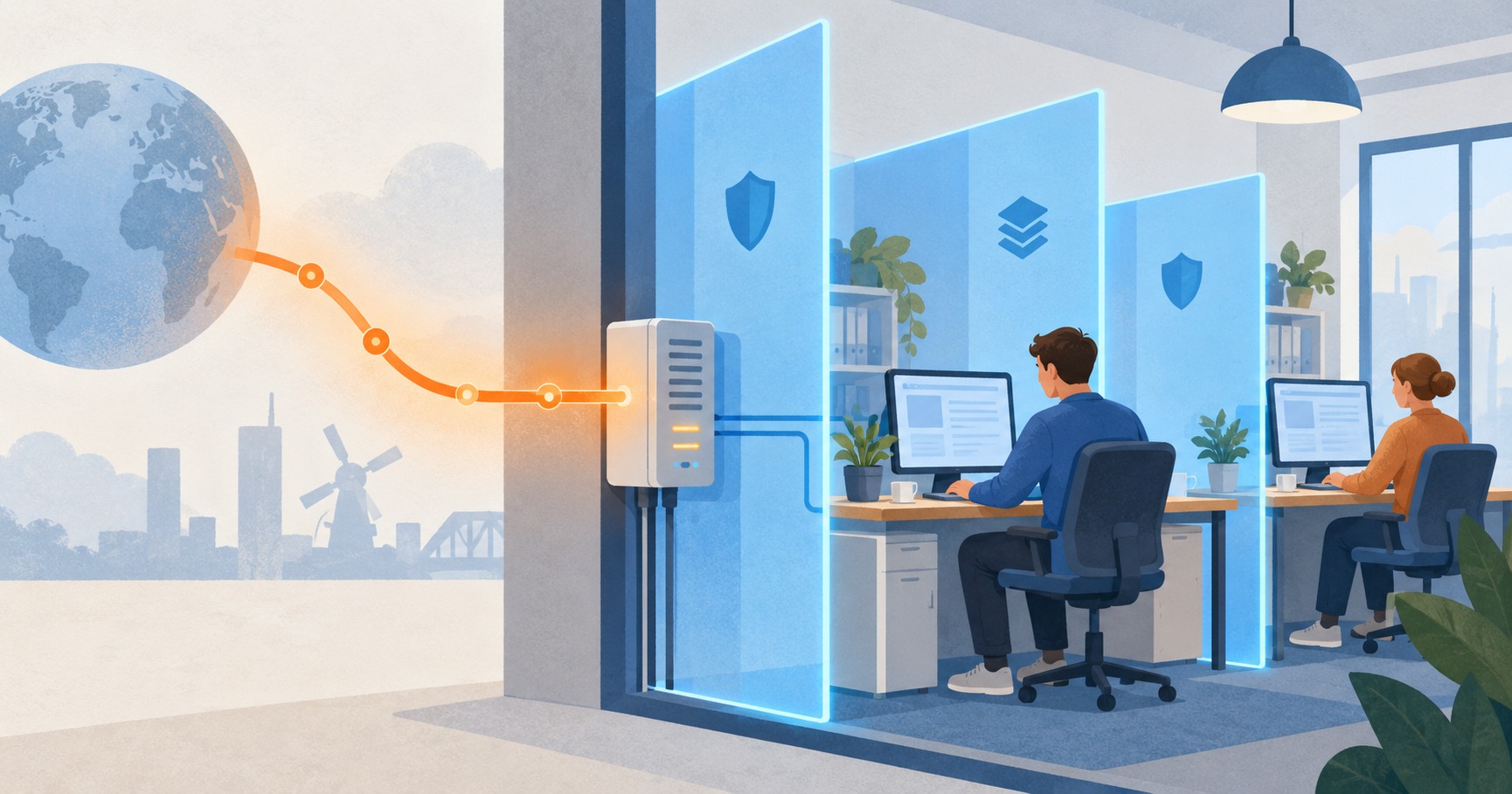 Conceptuele illustratie van een kantoor met een internettoegang en meerdere lagen bescherming; geen werkelijk aangevallen netwerk.