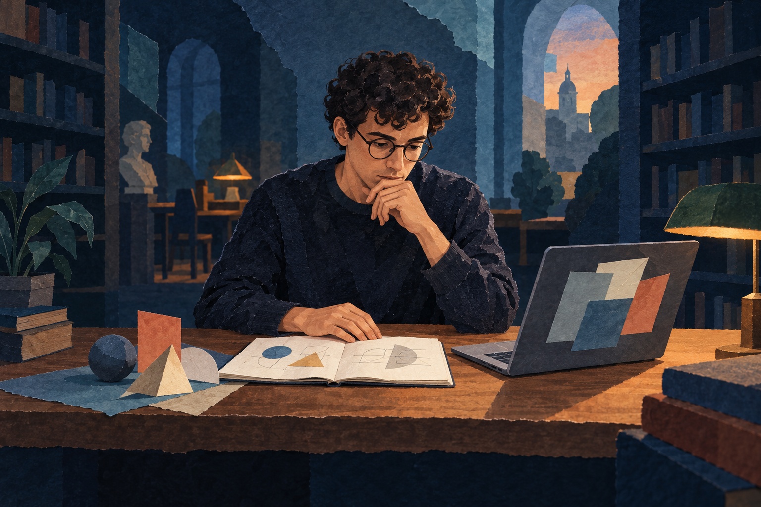 Conceptuele illustratie van een student die wiskundig onderzoeksmateriaal bestudeert.