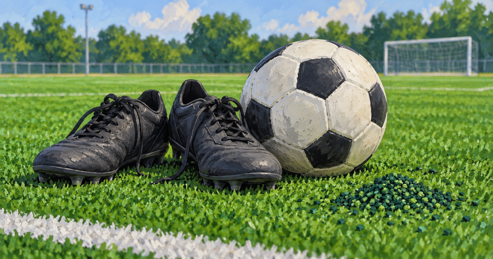 Conceptuele AI-illustratie van voetbalschoenen, een voetbal en groene korrels op kunstgras; geen foto van een onderzocht veld.