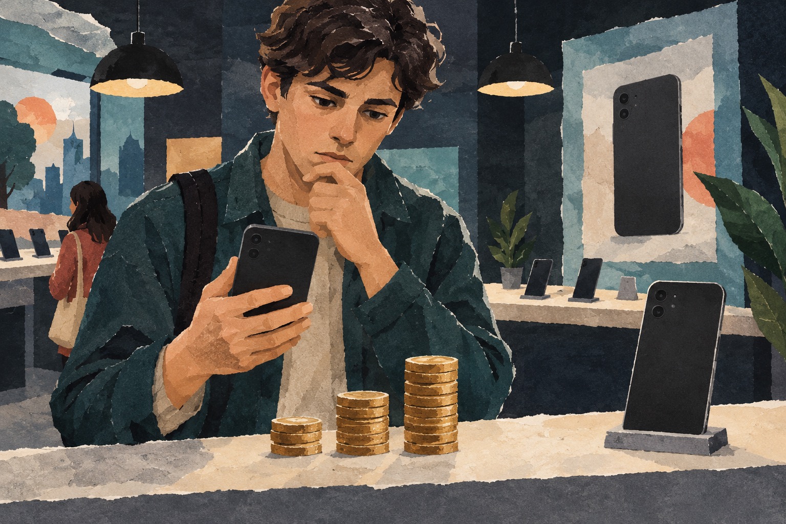 Conceptuele AI-illustratie van een jonge klant die een telefoon bekijkt naast stapels munten in een elektronicawinkel.