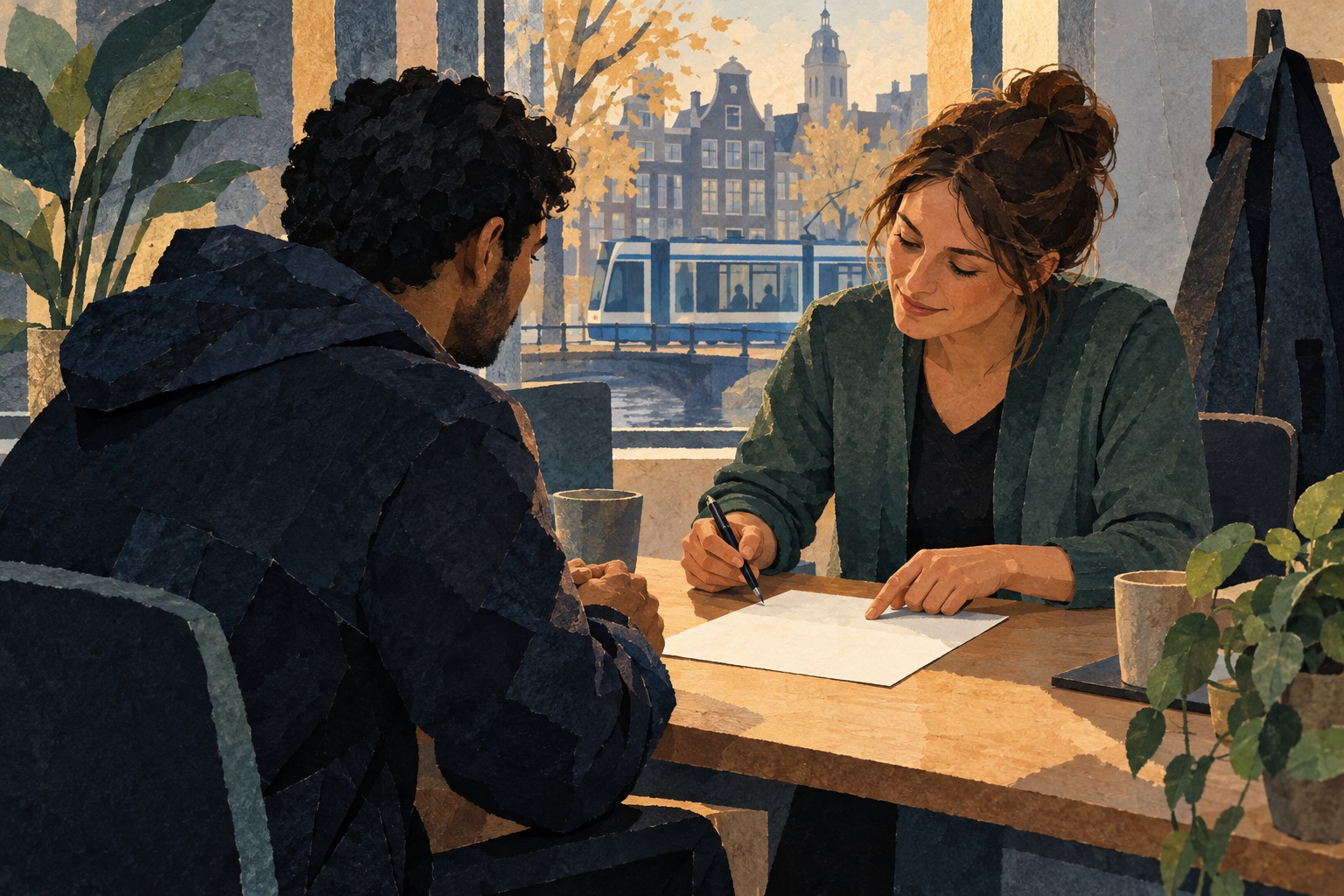 Illustratieve papiercollage van een asielzoeker en een werkbegeleider aan een tafel met een blanco formulier; op de achtergrond een Amsterdamse tram.