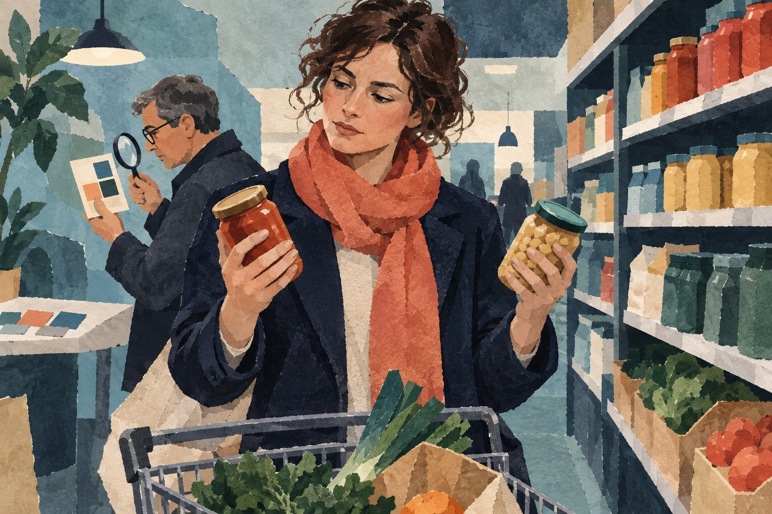 Illustratie van een winkelende persoon die twee neutrale voedselverpakkingen vergelijkt bij een schap.