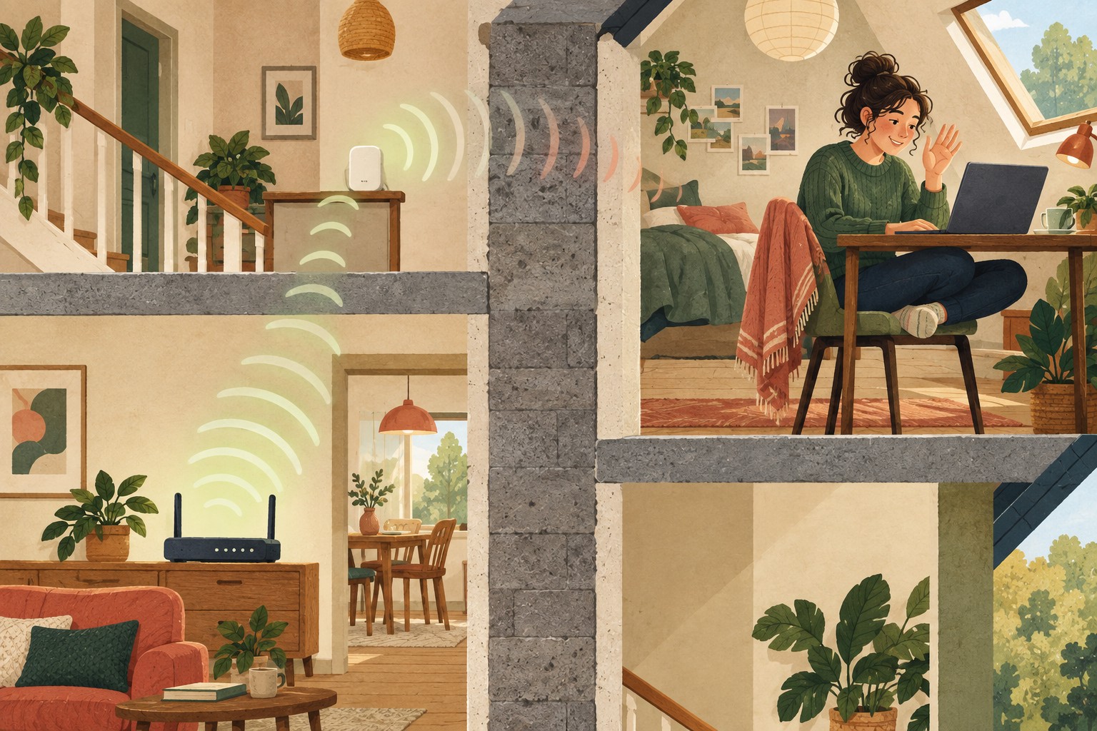 AI-illustratie van een student met een laptop op een bovenverdieping; een muur ligt tussen de router, het extra wifi-punt en de kamer.