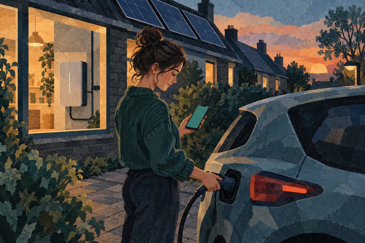 Papiercollage van een vrouw die haar elektrische auto aansluit bij een woning met zonnepanelen en een thuisbatterij. Conceptbeeld.