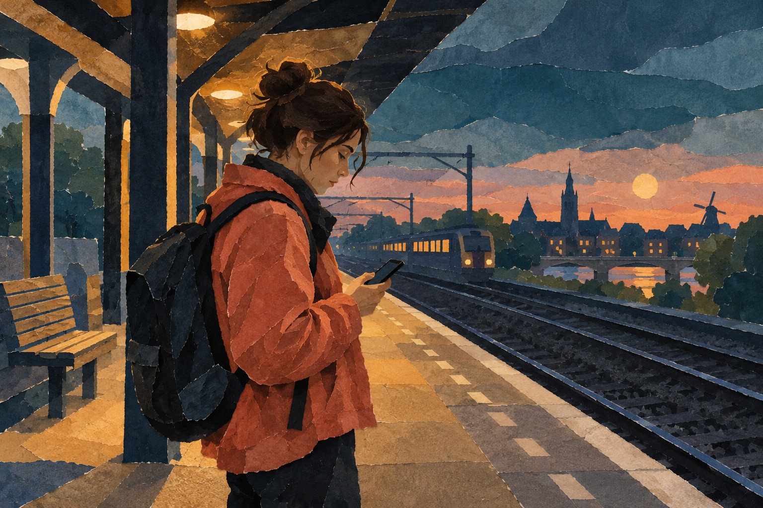 Conceptuele AI-illustratie van een reiziger die op een perron haar telefoon bekijkt terwijl ze op de trein wacht.