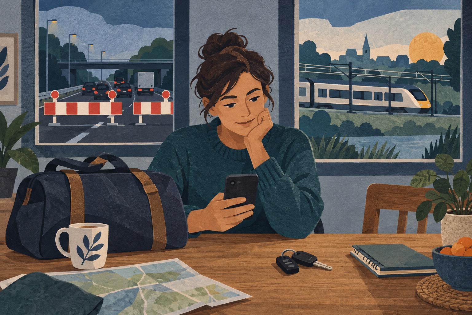 Een reiziger bekijkt een telefoon, met autosleutels en een tas naast zich; op de achtergrond een afgesloten weg en een trein.
