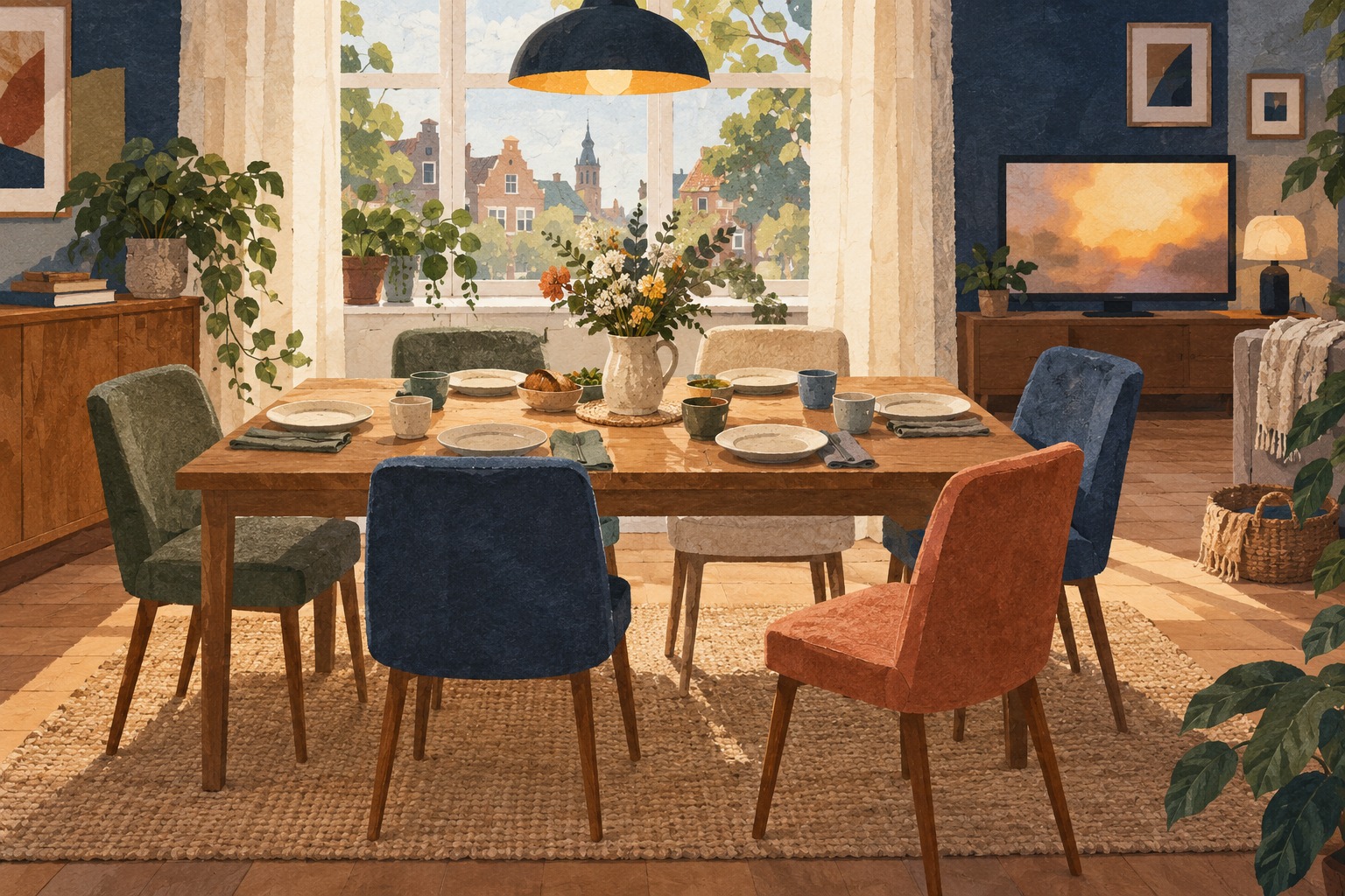 Conceptuele AI-illustratie van een gedekte eettafel in een huis; geen beeld uit Het Familiediner.