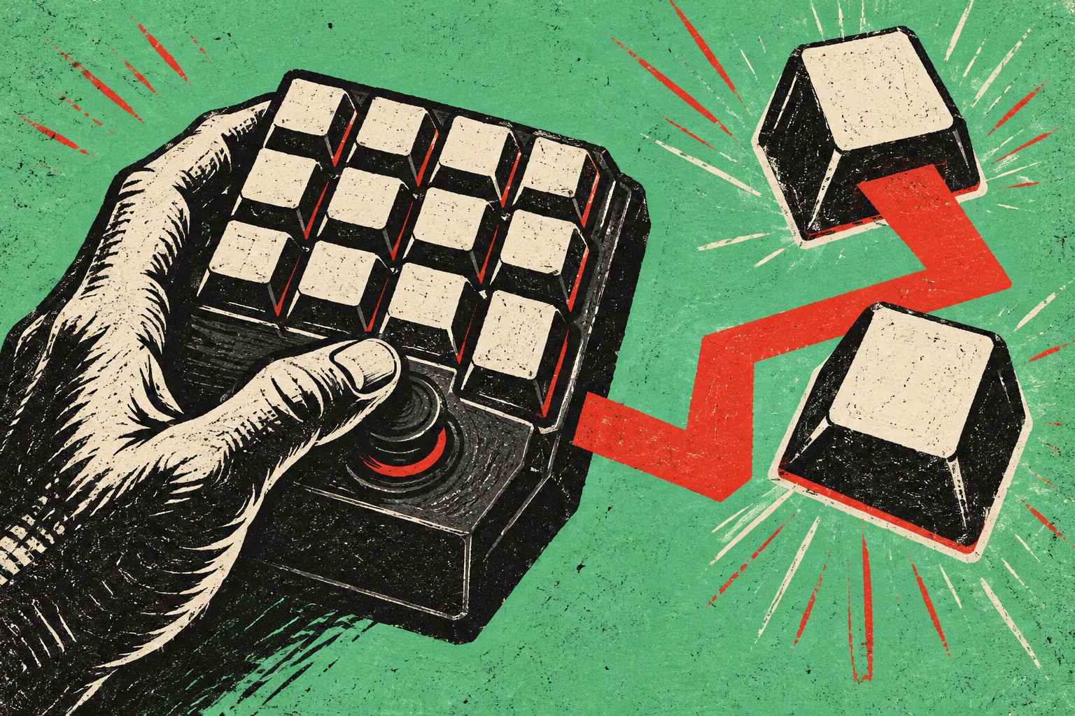 AI-illustratie in linodrukstijl van een hand bij een denkbeeldige gamingkeypad, met twee losse toetsen en een rode verbindingslijn.