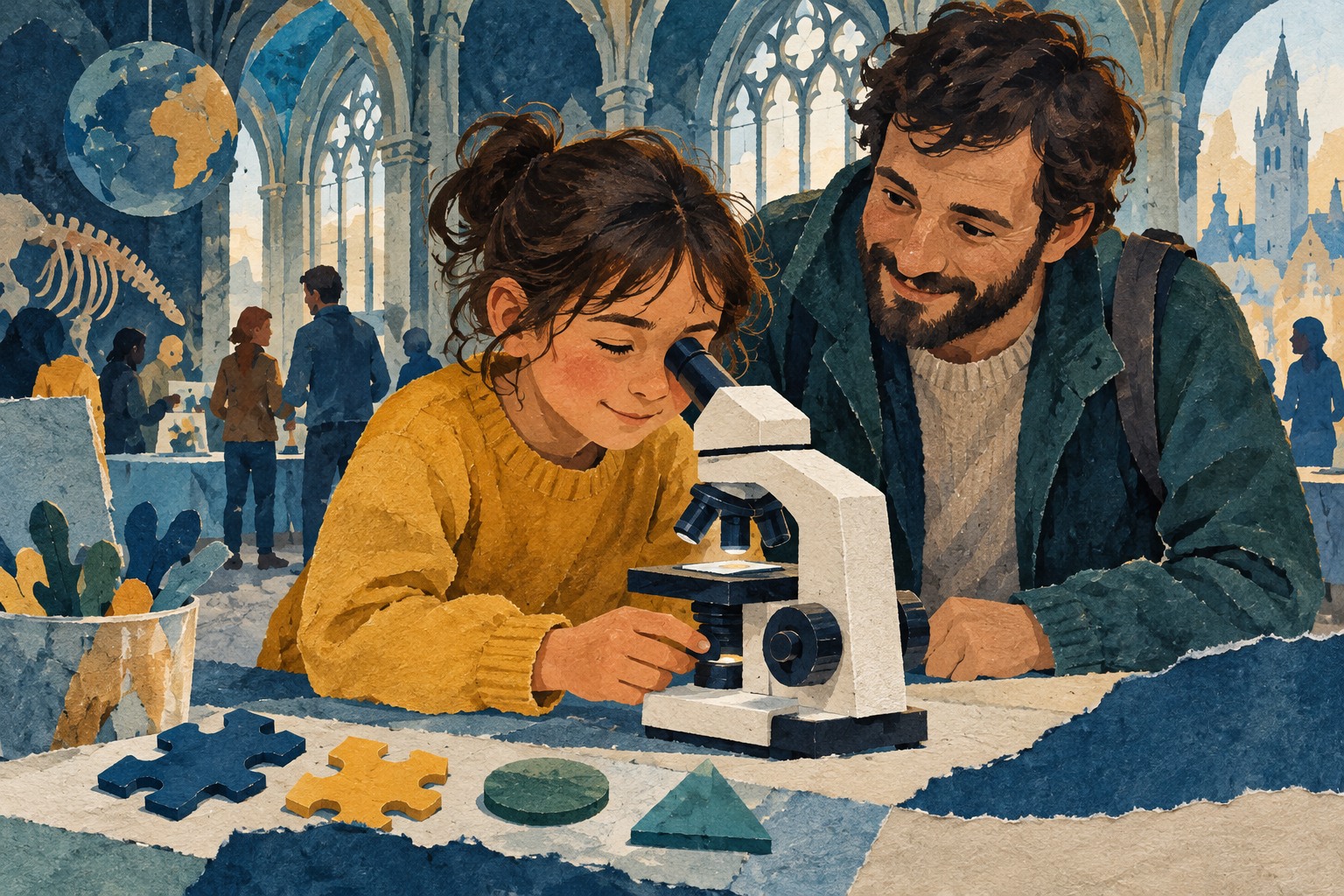 Conceptuele illustratie van een kind dat samen met een ouder een microscoop bekijkt tijdens een wetenschapsactiviteit.