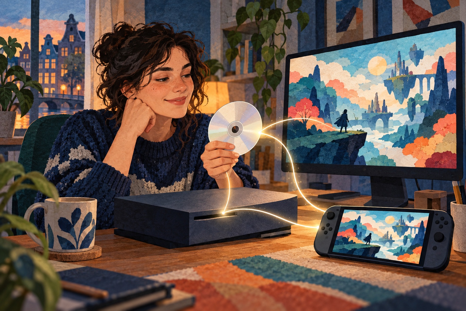 Conceptuele illustratie van een speler met een schijf naast een console, beeldscherm en handheld waarop een denkbeeldige spelwereld te zien is.