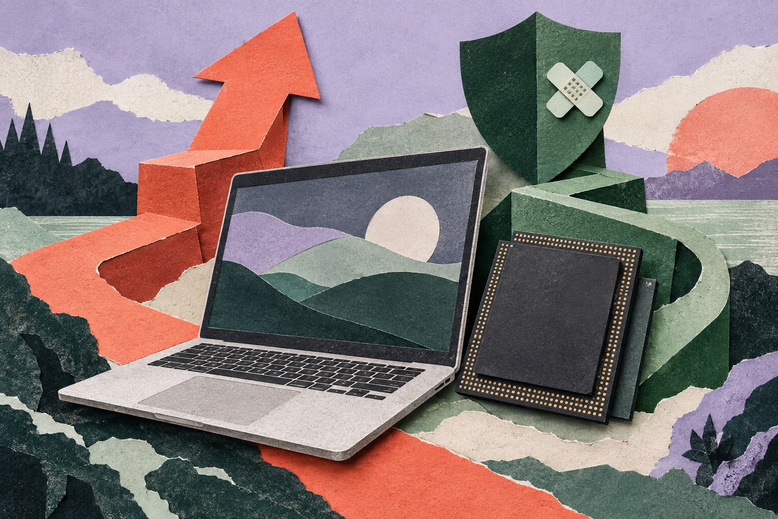 AI-illustratie in papiercollage van een laptop en chip, met een upgradepijl en een gerepareerd schild als symbolen voor verschillende soorten software-updates.