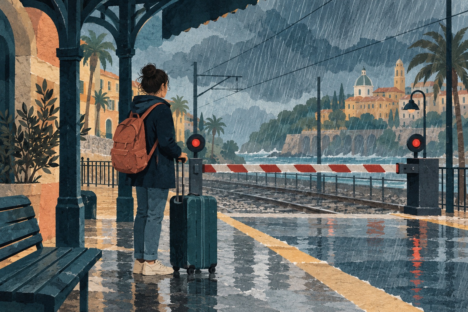 Conceptuele AI-illustratie van een reiziger met koffer die onder een stationsdak wacht terwijl buiten de regen valt.