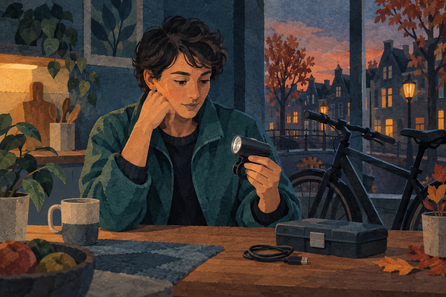 Conceptuele AI-papiercollage van een jongere die thuis een fietslamp bekijkt, met een fiets bij het raam.