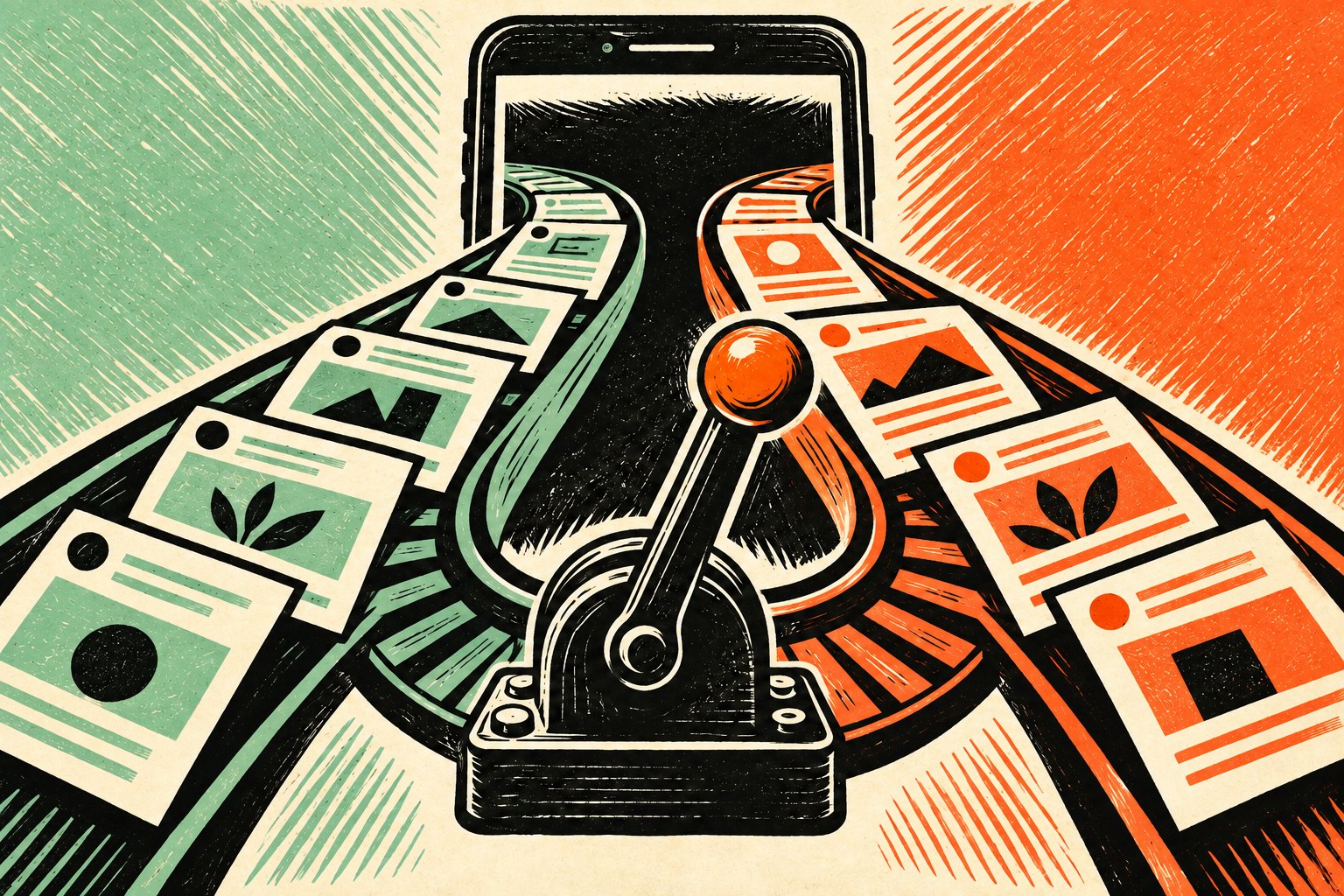 AI-illustratie van een telefoon met twee berichtenstromen en een keuzehendel; een conceptbeeld van feedkeuze.