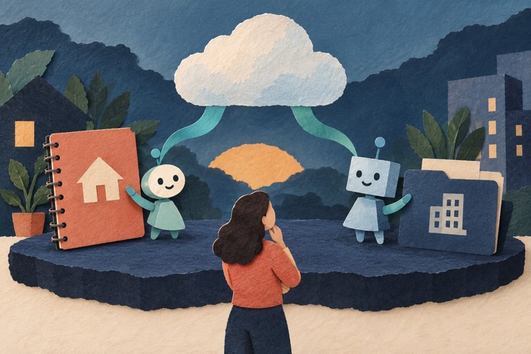 Twee verschillende AI-assistenten zijn verbonden met dezelfde cloud, naast een privénotitieboek en een werkmap.