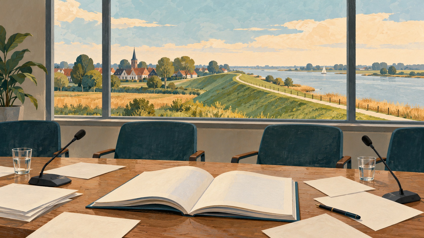 Conceptuele illustratie van een leeg overleg met een open rapport, uitkijkend op een rivierdijk en woningen.
